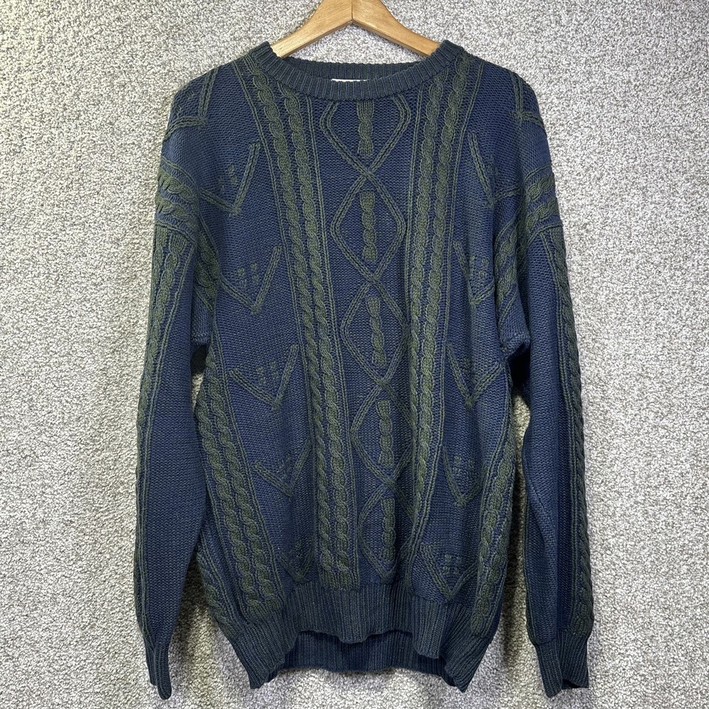 Vintage Field Gear Sweater Mens LT Blue Geometric Cotton‎ Knit Hong Kong 90s